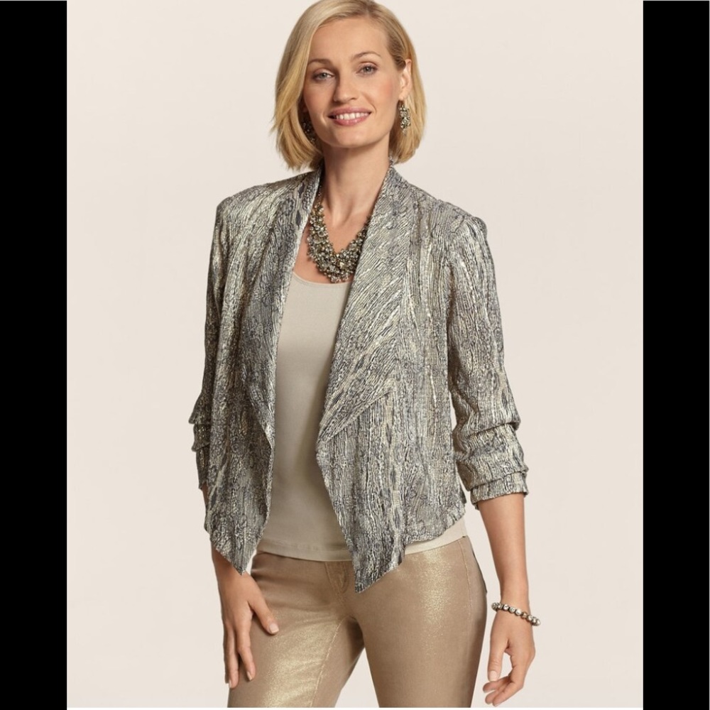 Chico's Crinkle Metallic Drape Front Jacket